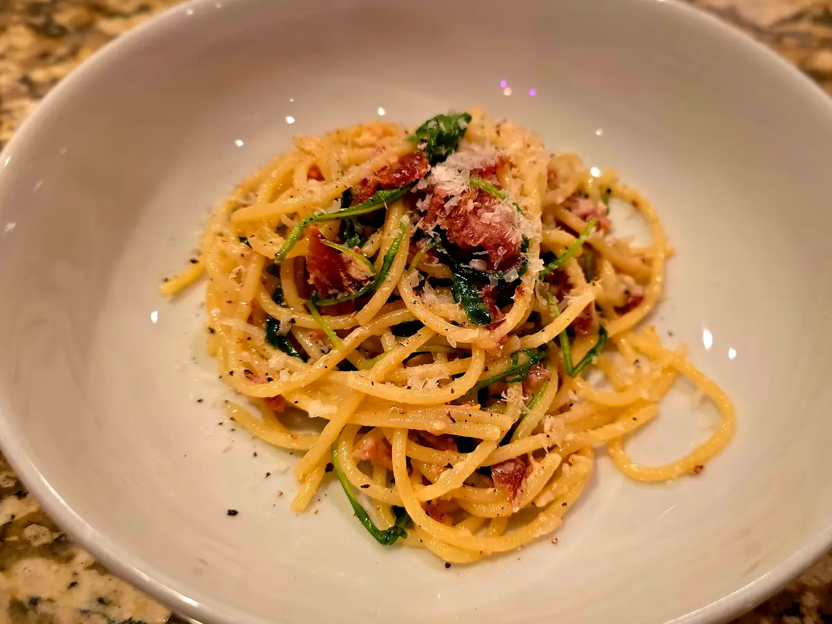 Rustic Arugula Bacon Lemon Spaghetti