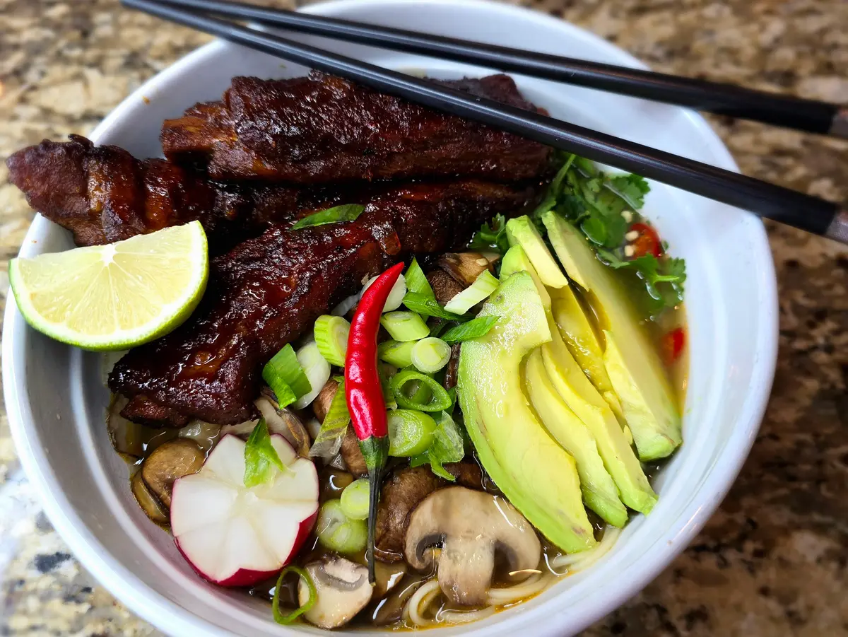Chinese Noodles and Braised Sriracha Honey Ribs Soup
