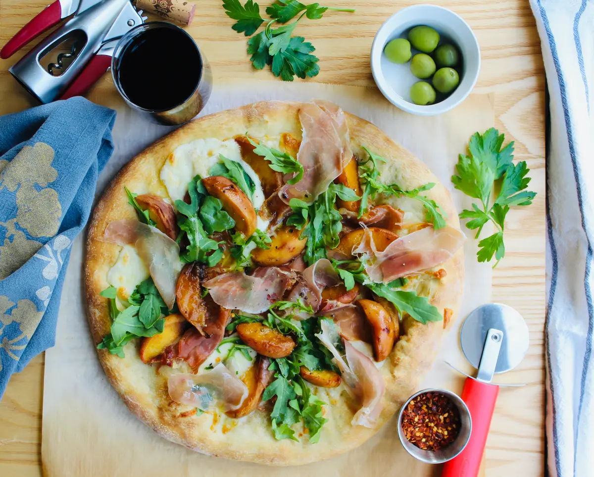 Fresh Peach, Prosciutto and Fresh Mozzarella Pizza
