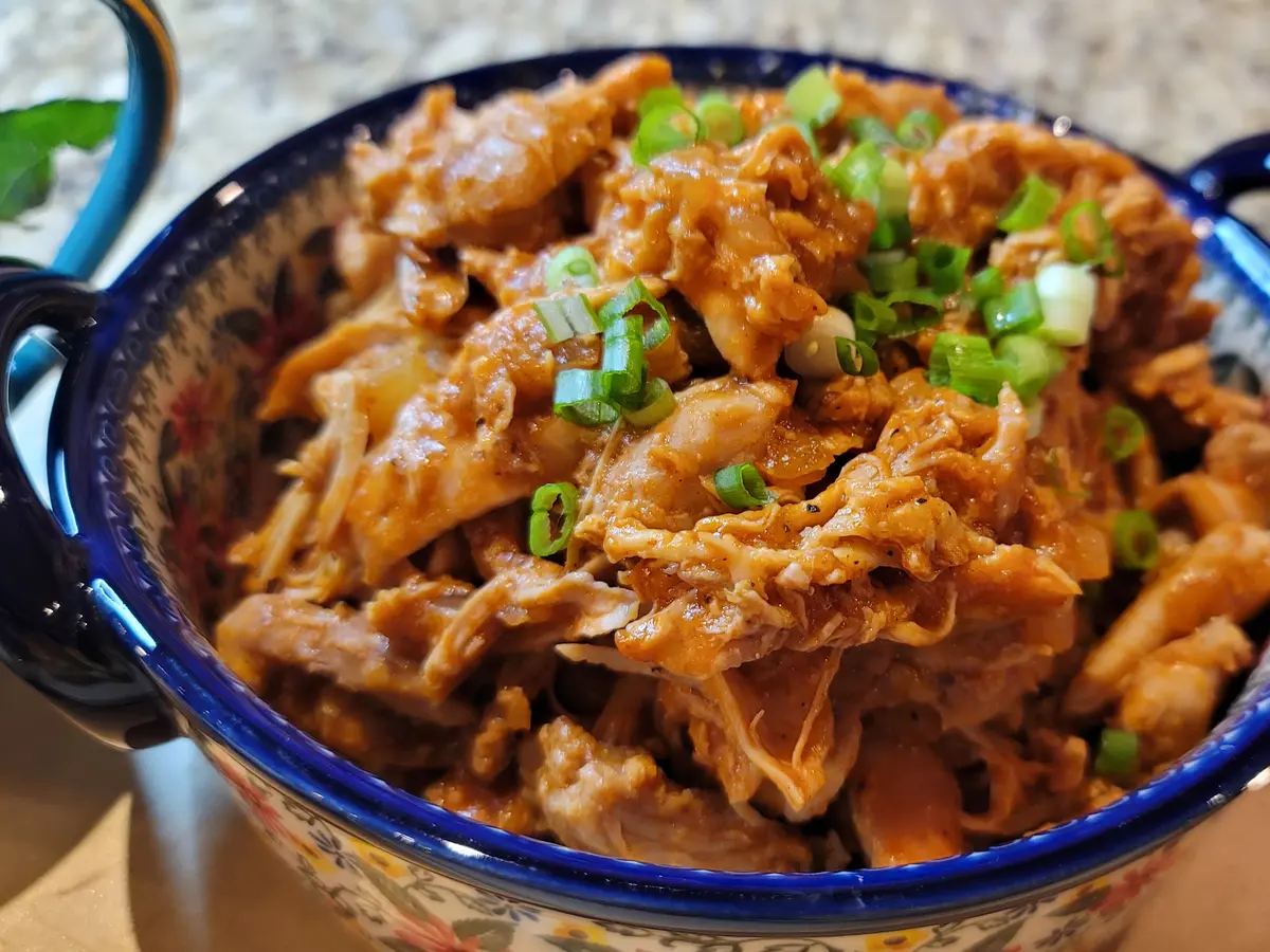 Pulled chicken sandwich on a bun with saucy shredded chicken, topped with sesame seeds and served on a white plate