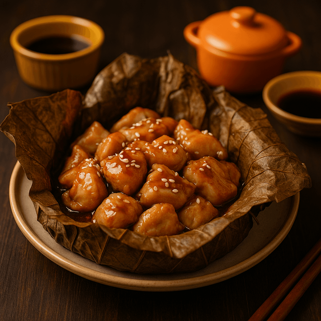 कमल के पत्ते में भाप से पका चिकन (荷叶鸡)