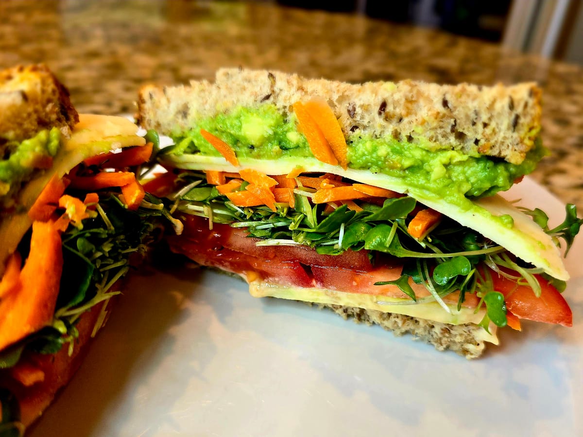 California sandwich on toasted multigrain bread with creamy avocado, fresh tomato slices, crispy alfalfa sprouts, shredded carrots, and melted cheese