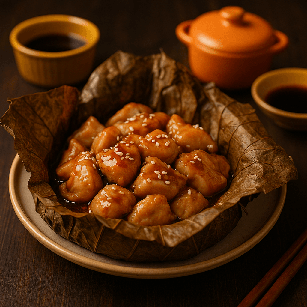 Steamed chicken in lotus leaf with shiitake mushrooms and ginger, unwrapped on a white plate with aromatic steam