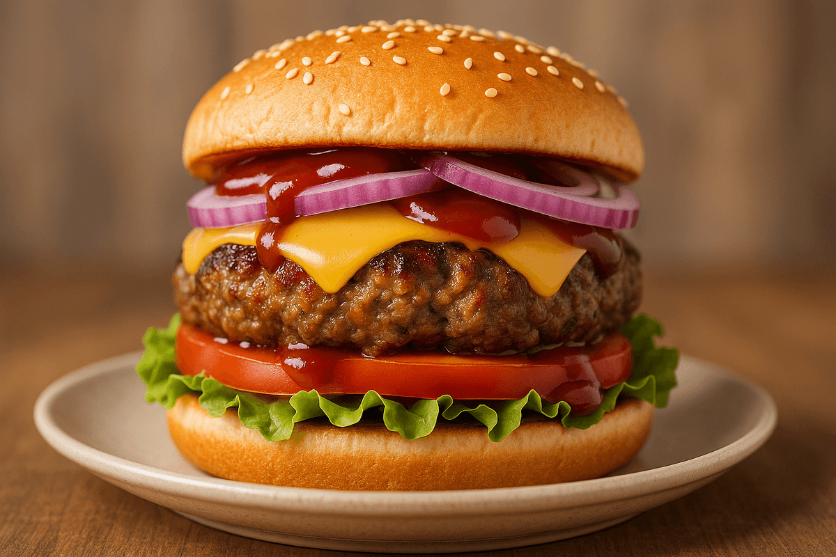 Juicy meatloaf burger with smoky BBQ sauce on a plate, topped with melted cheese and fresh toppings