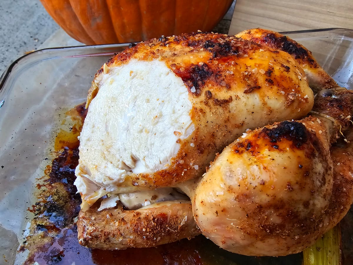 Golden crispy roasted whole chicken on a white plate with celery and aromatics, fresh herbs garnish